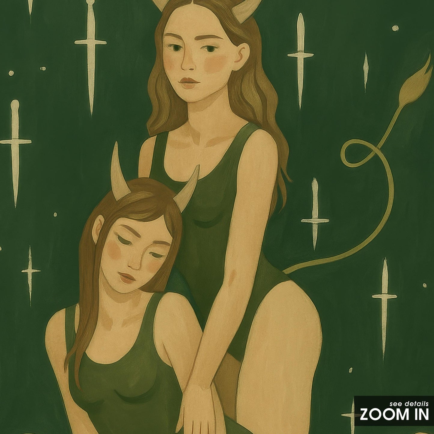 Feminine Gothic Wall Art – Dark Fantasy Print | Green Minimalist Poster