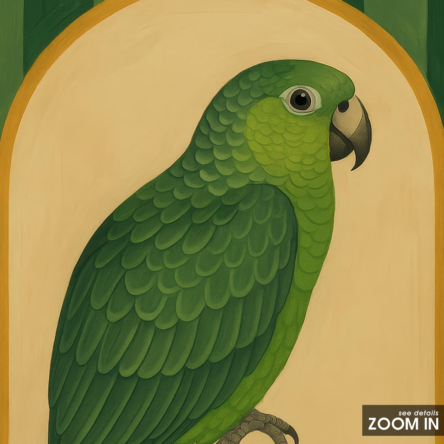 Green Parrot Wall Art – Vintage Jungle Bird Print With Striped Background