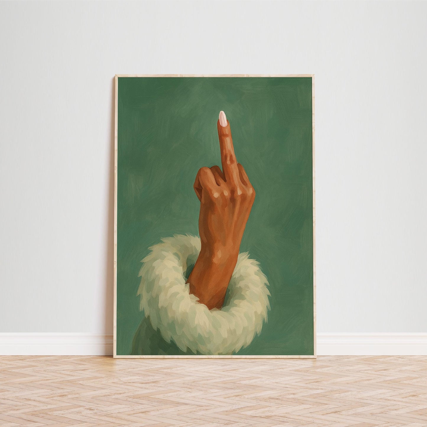 Bold Feminine Wall Art – Middle Finger Feminist Poster With Green Minimalist Decor