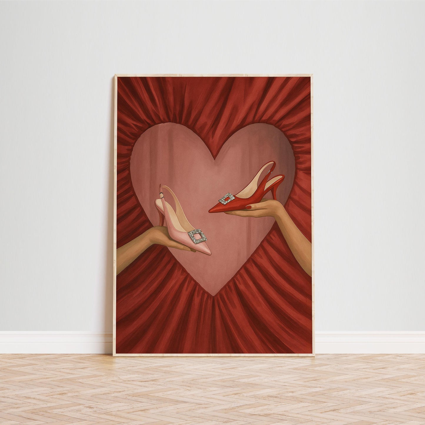 Feminine Glam Wall Art – Romantic Fashion Poster With Red Heart & Elegant Shoes