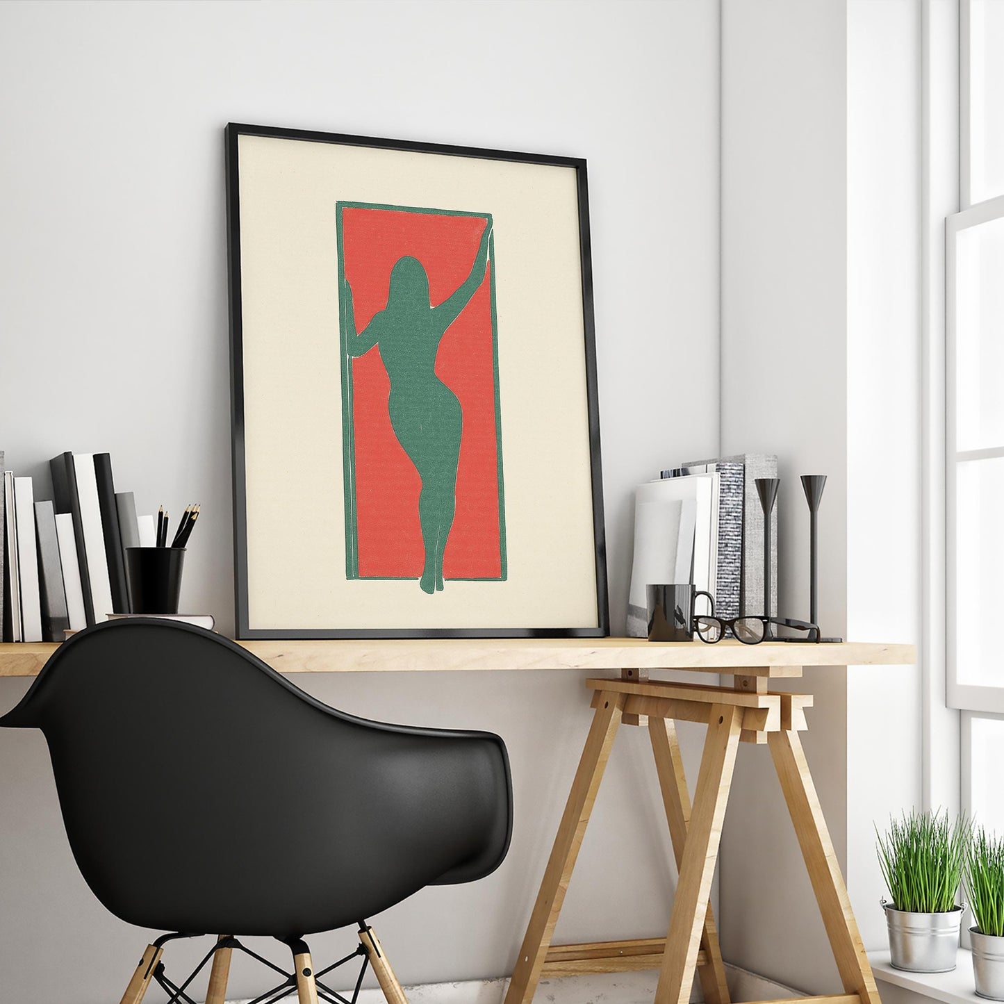 Minimal Female Silhouette Poster – Bold Abstract Wall Art, Red & Green Modern Print