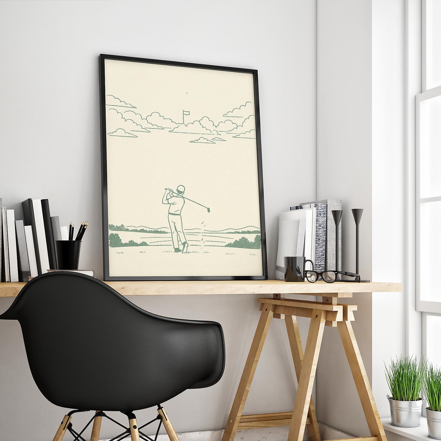 Minimal Golf Swing Poster – Vintage Green Line Art for Sport Lovers