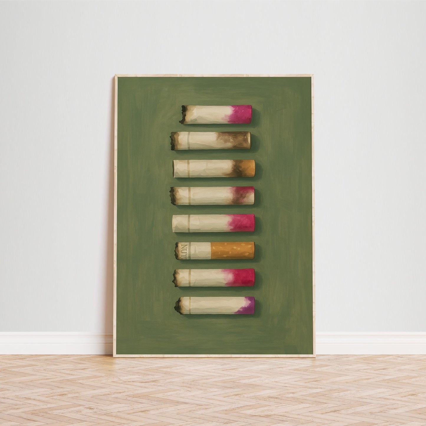 Lipstick Cigarette Butts Poster – Gritty Feminine Wall Art in Moody Green
