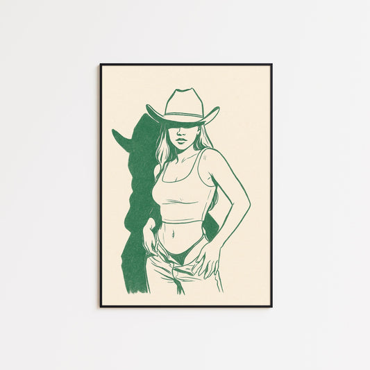 Cowgirl Shadow Poster – Minimal Green Line Western Wall Art