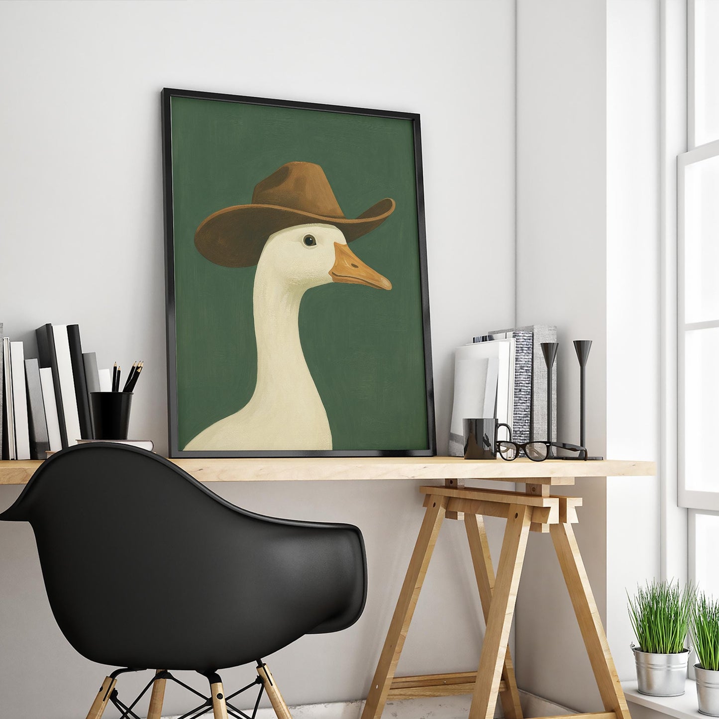 Cowboy Goose Poster – Gouache Animal Print | Rustic Western Wall Art