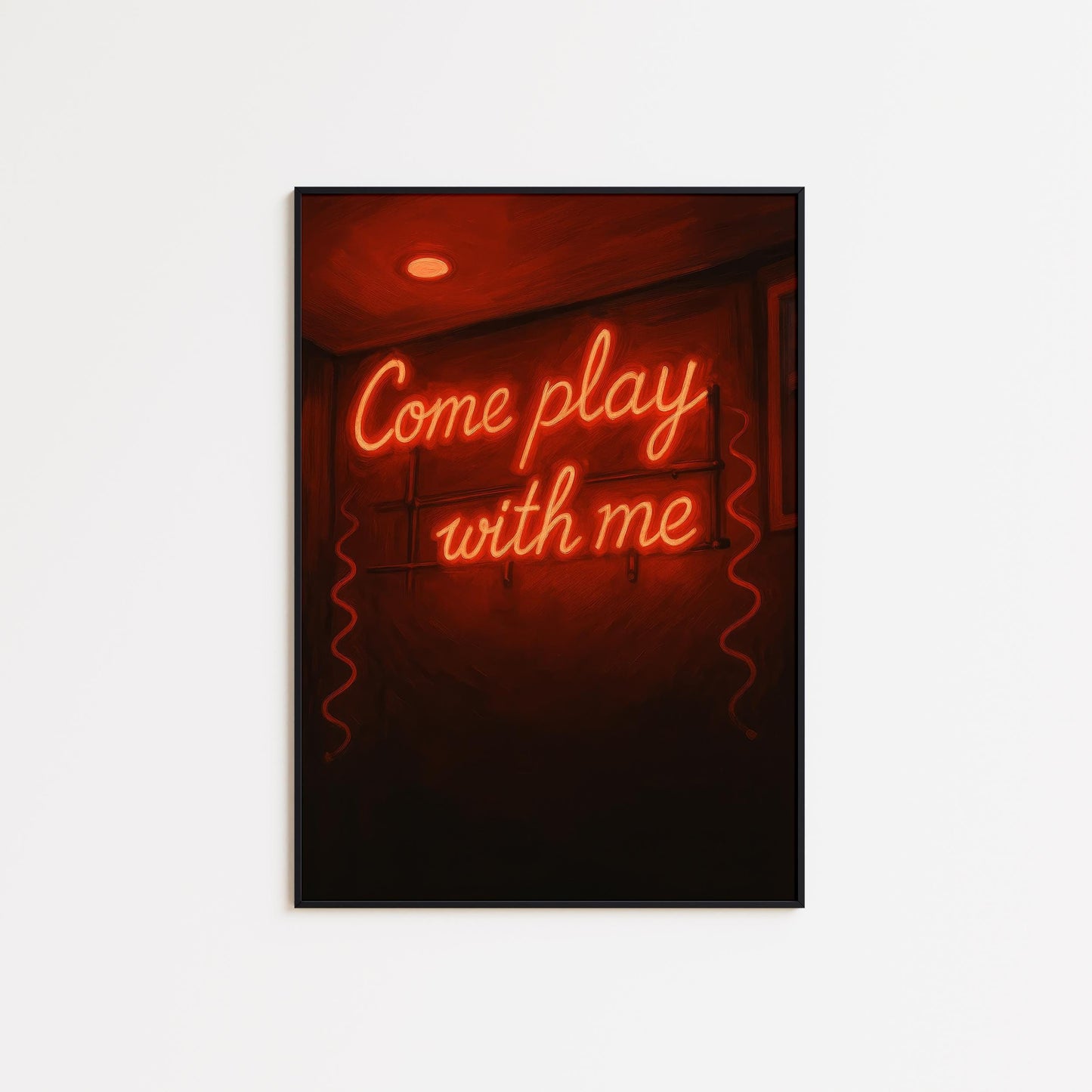 Neon Red Wall Art – Provocative Come Play Sign Poster for Bedroom & Bar Decor