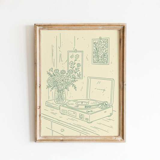 Record Player and Flowers Poster – Minimal Vintage Line Art for Cozy Interiors