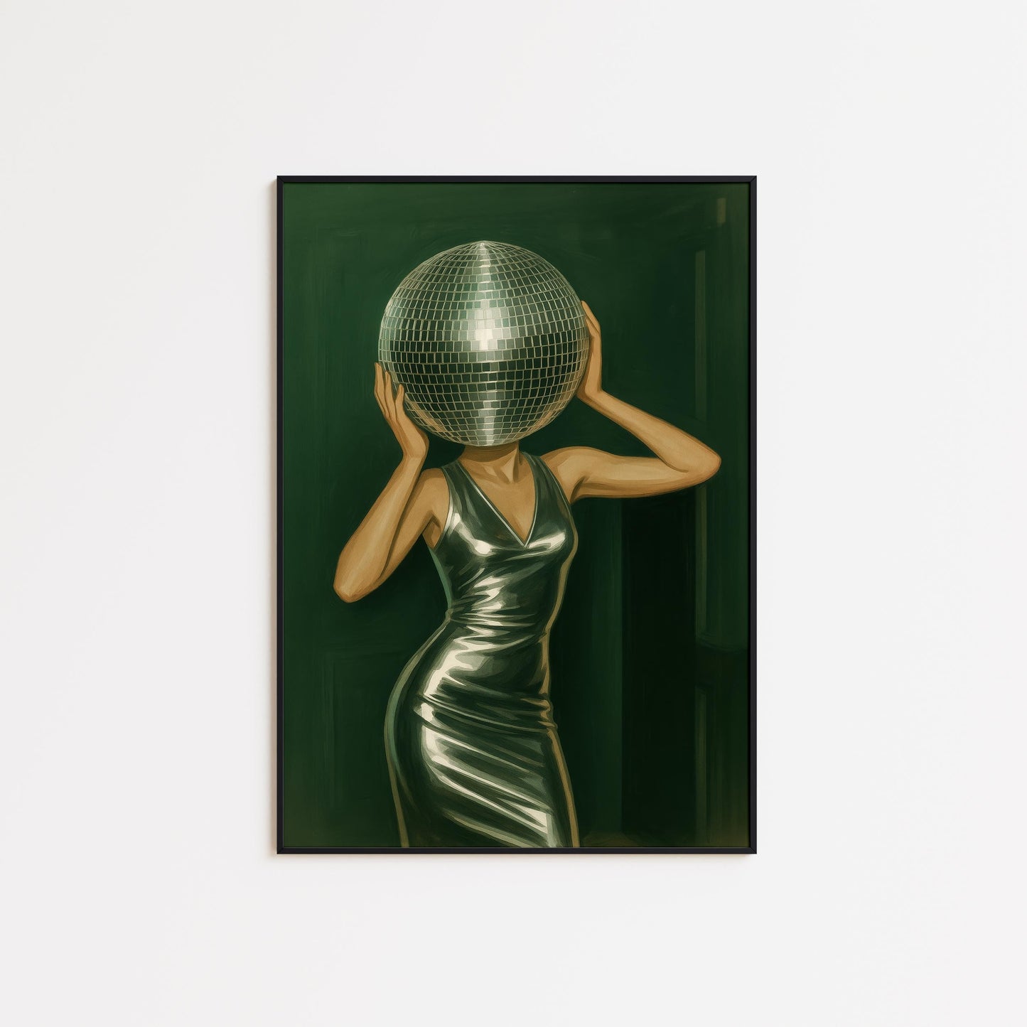 Disco Ball Poster – Retro Party Art with Metallic Dress & Green Background Print