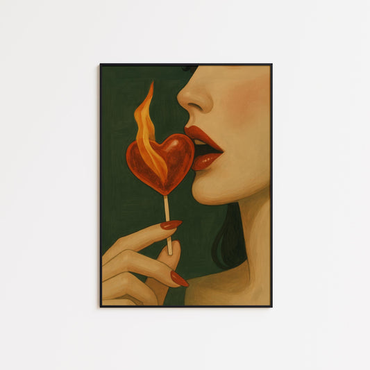 Sensual Lips Print – Heart Lollipop Art | Fiery Wall Art | Bold Feminine Decor