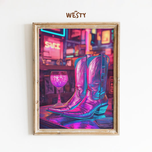 Neon Cowgirl Boots with Wine – Retro Western Nightlife Art