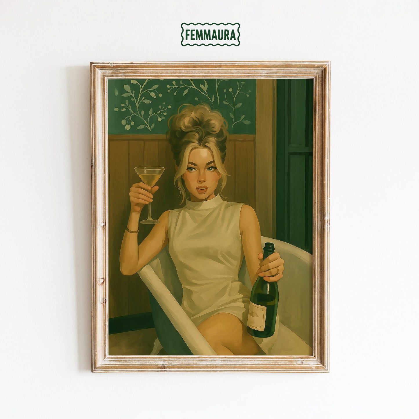 Vintage Glamour Art Print – Golden Hour Martini Olive Green Wall Art