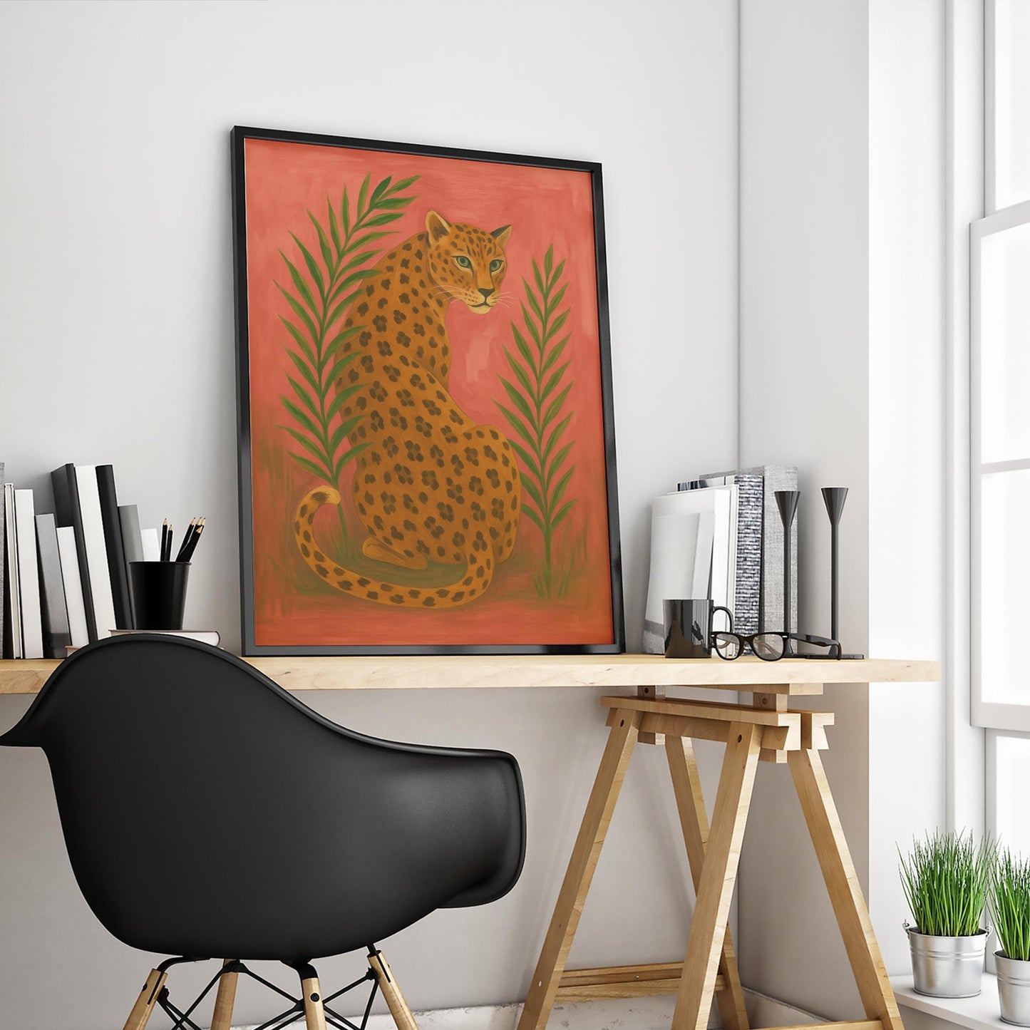 Golden Leopard Wall Art – Vibrant Red Background With Palm Leaf Artwork Print