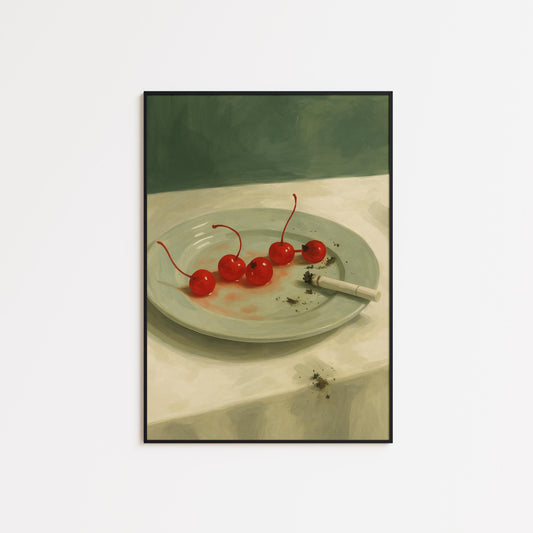 Dark Still Life Art – Retro Wall Artwork With Cherries and Cigarette Print