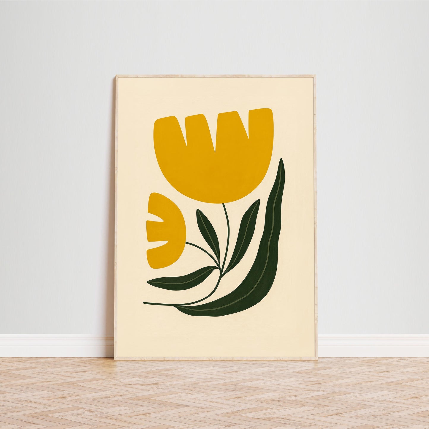 Retro Tulip Wall Art – Minimalist Floral Poster | Mustard Green Decor, Midcentury Flower Print
