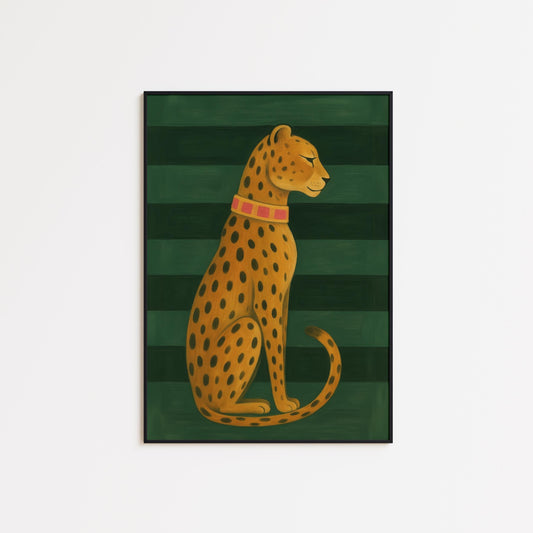 Golden Leopard Wall Art - Elegant Animal Print on Green Striped Poster