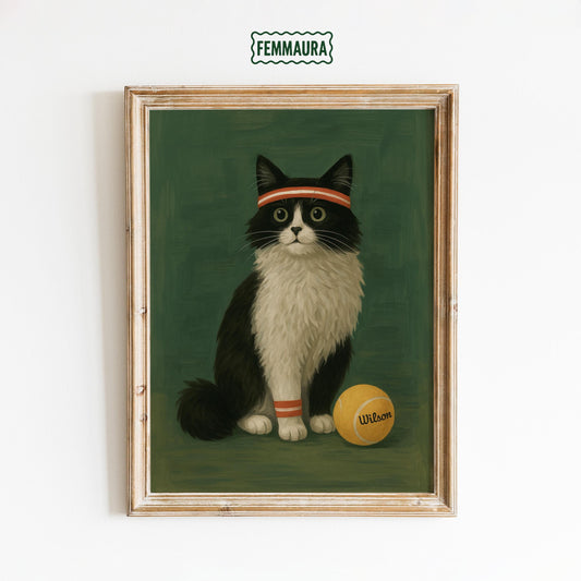 Tennis Cat Poster – Playful Gouache Cat Illustration | Vintage Sports Wall Art