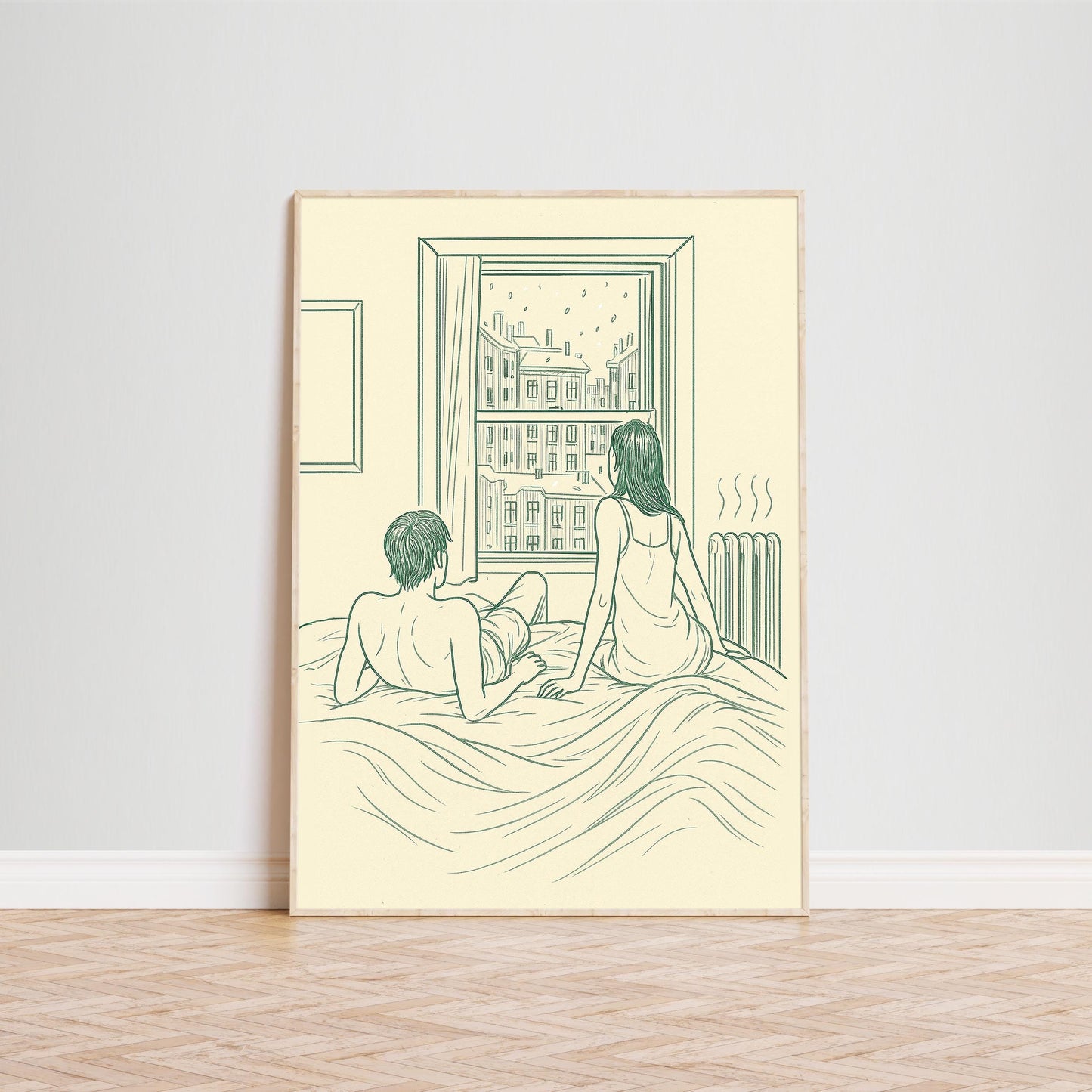 Morning in Paris – Minimal Line Art Couple Poster, Cozy Bedroom Wall Art Print