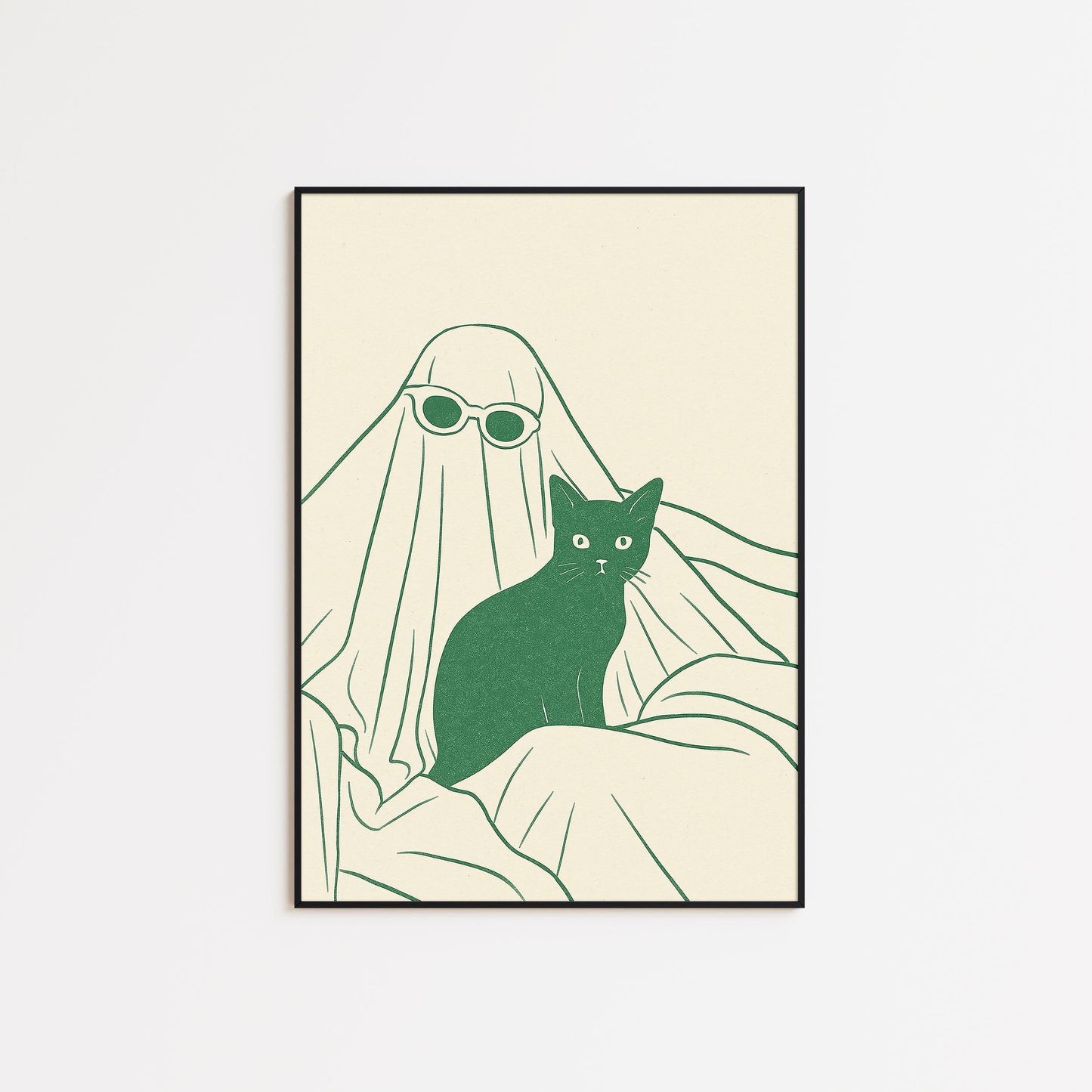 Ghost and Cat Poster – Minimal Spooky Chic Line Art Print