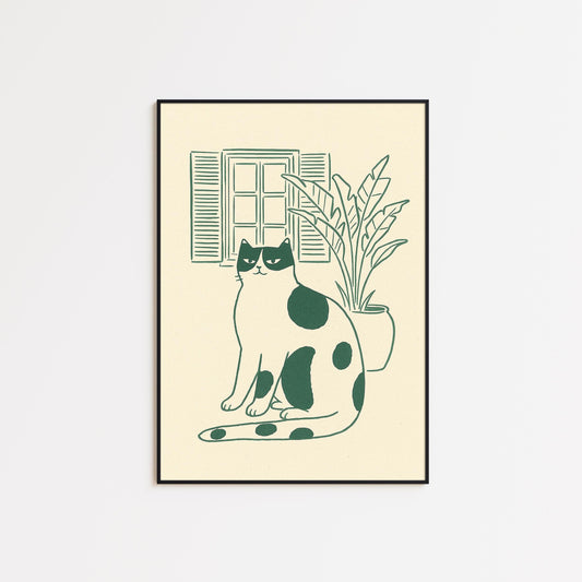 Window Cat – Minimal Line Art Poster, Calm Vintage Home Illustration
