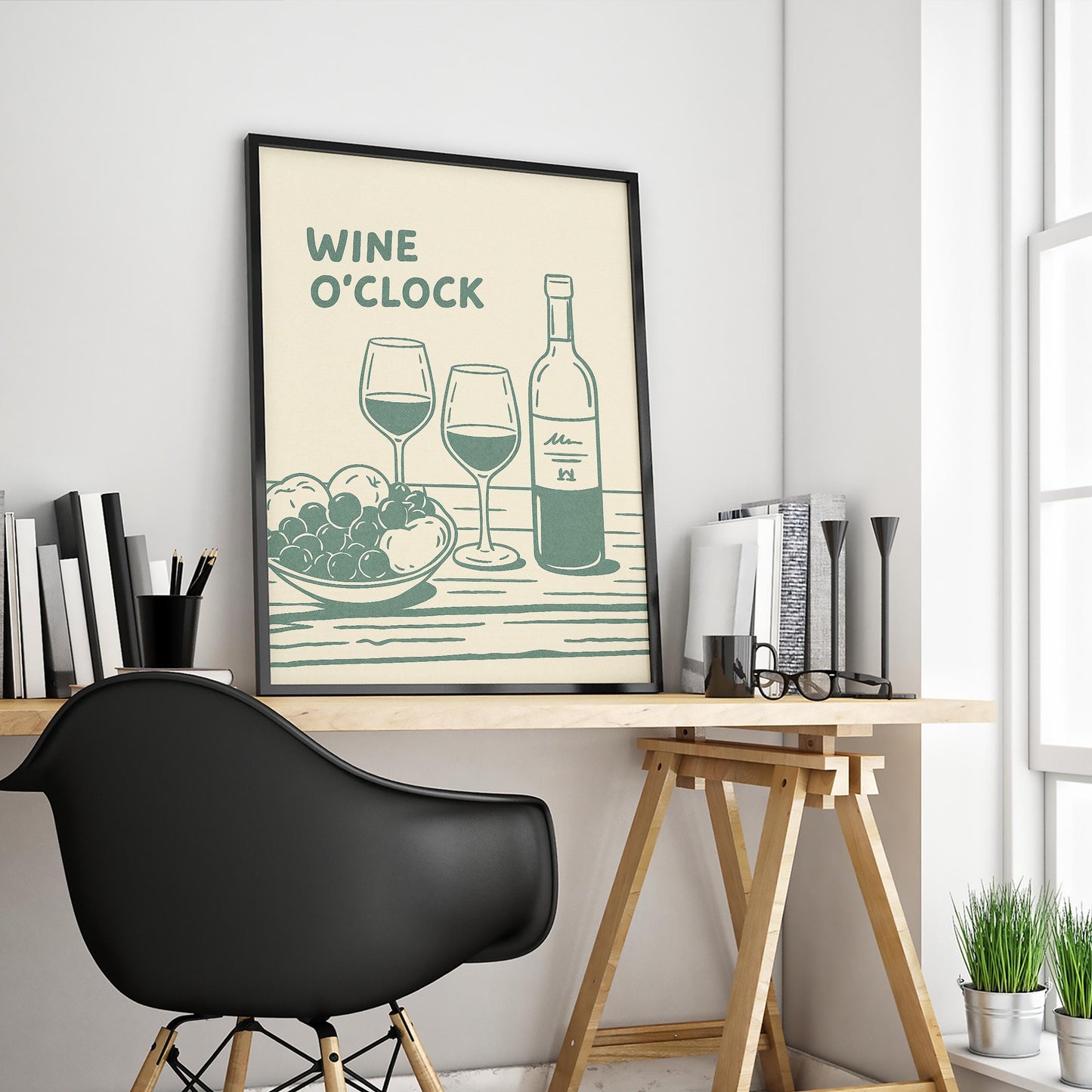 Wine O’Clock Poster – Minimal Wine Art Print, Cozy Kitchen Wall Decor