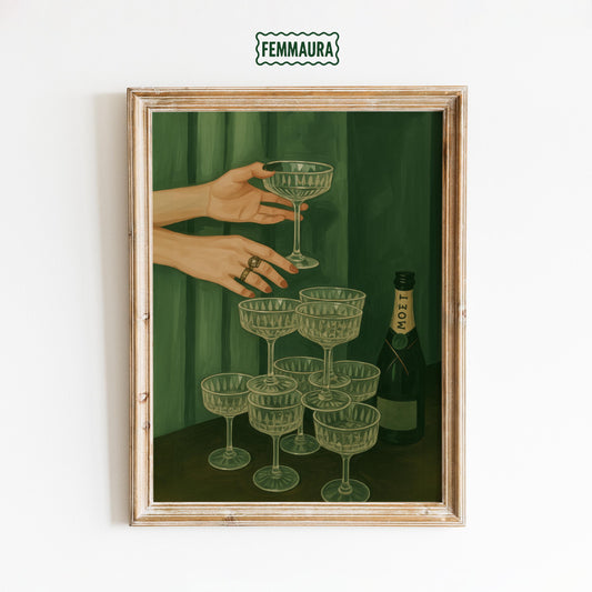 Champagne Glass Poster – Feminine Bar Art with Moët Bottle | Luxe Party Print
