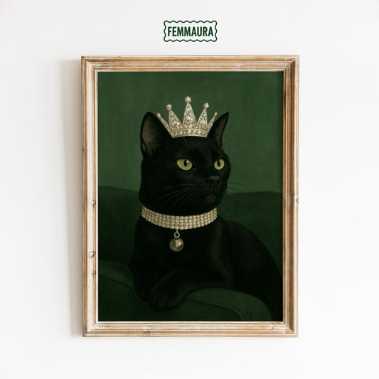 Gothic Black Cat Art | Elegant Feline Portrait with Pearl Collar – Luxury Gothic Decor