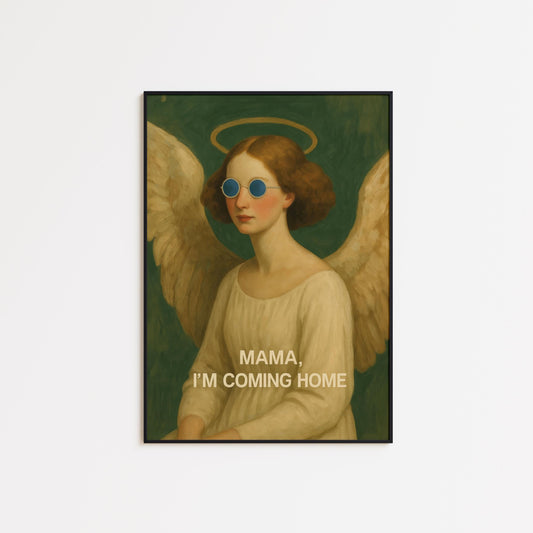 Cool Angel Wall Art – Surreal Vintage Halo Poster With Blue Sunglasses