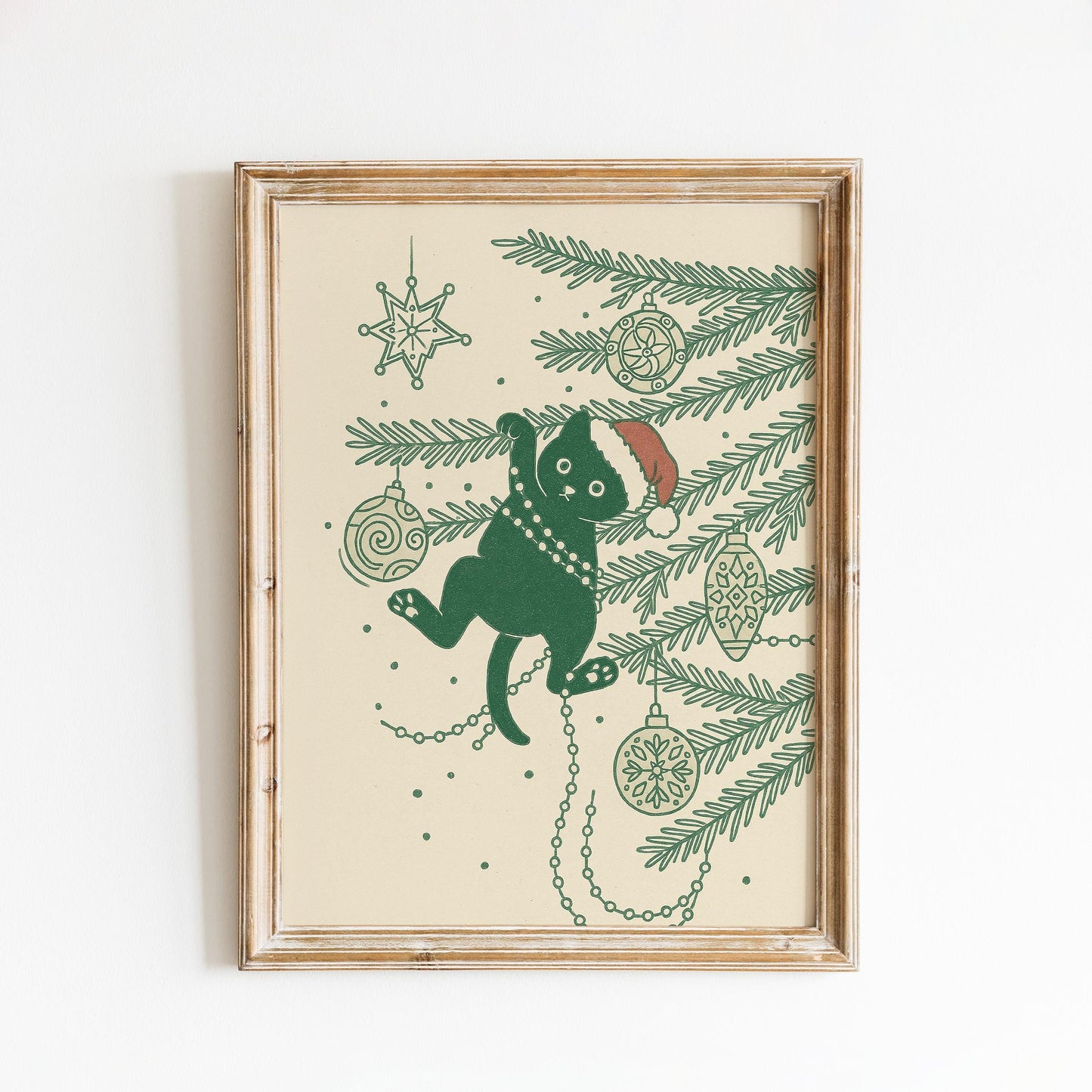 Christmas Cat Poster – Minimal Holiday Wall Print | Retro Green Line Art