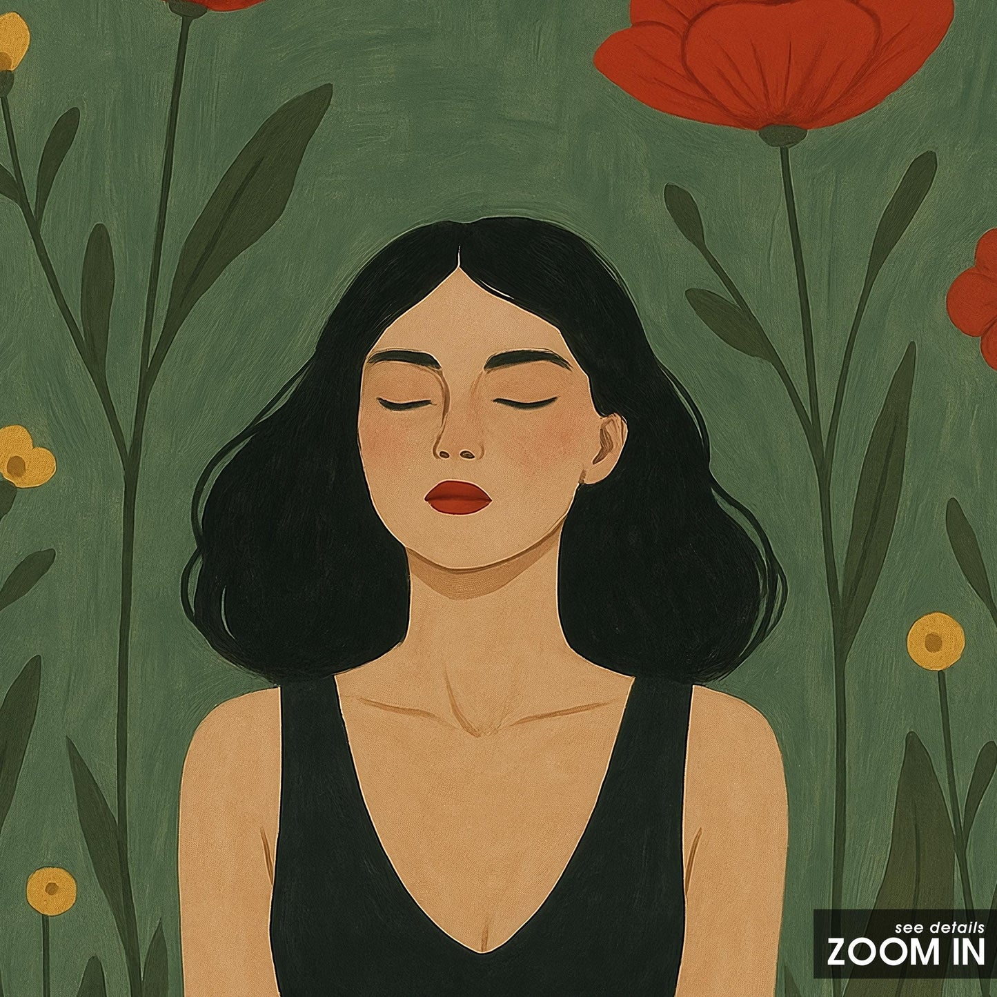 Feminine Botanical Art Print – Earthy Green Floral Woman Poster | Calm Aesthetic Wall Art