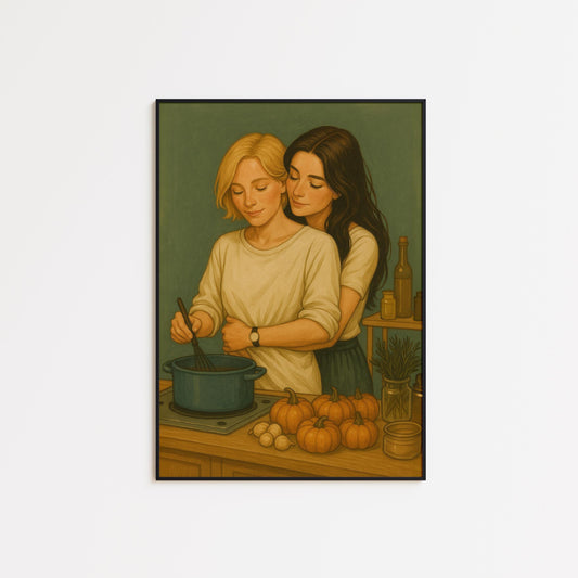 Couple Cooking Poster – Vintage Kitchen Art | Cozy Rustic Wall Print