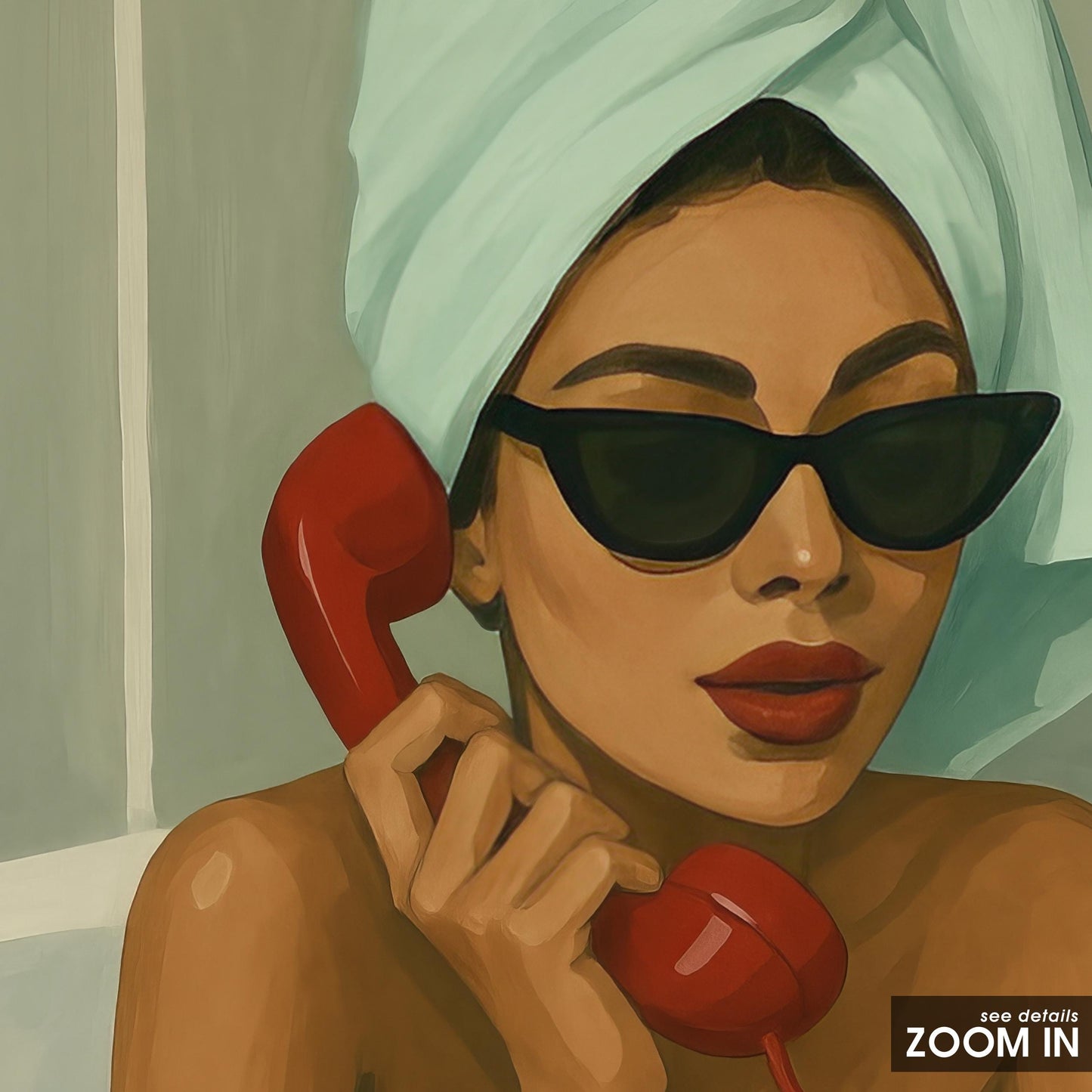 Retro Phone Art Print – Glamorous Woman with Red Rotary Phone Wall Decor