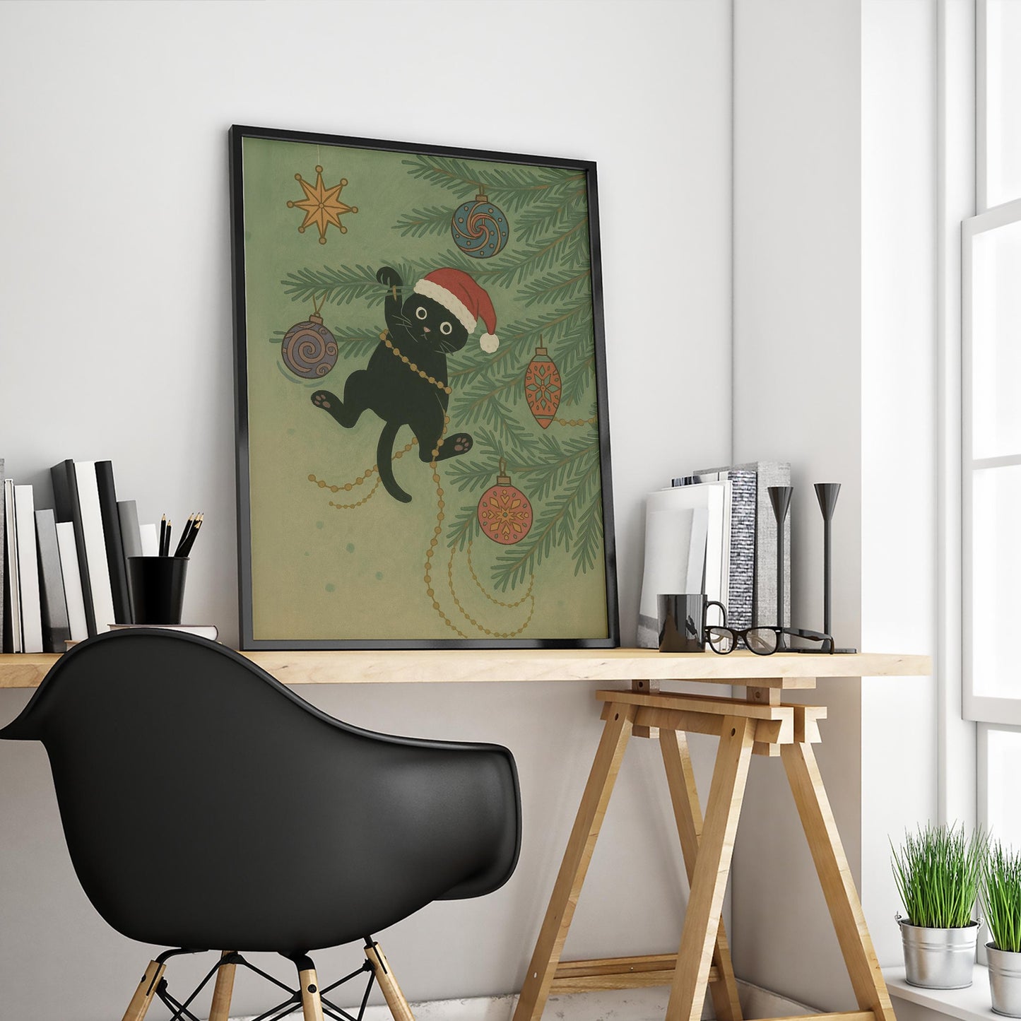 Christmas Cat Poster – Playful Retro Christmas Art With Festive Cat Decor