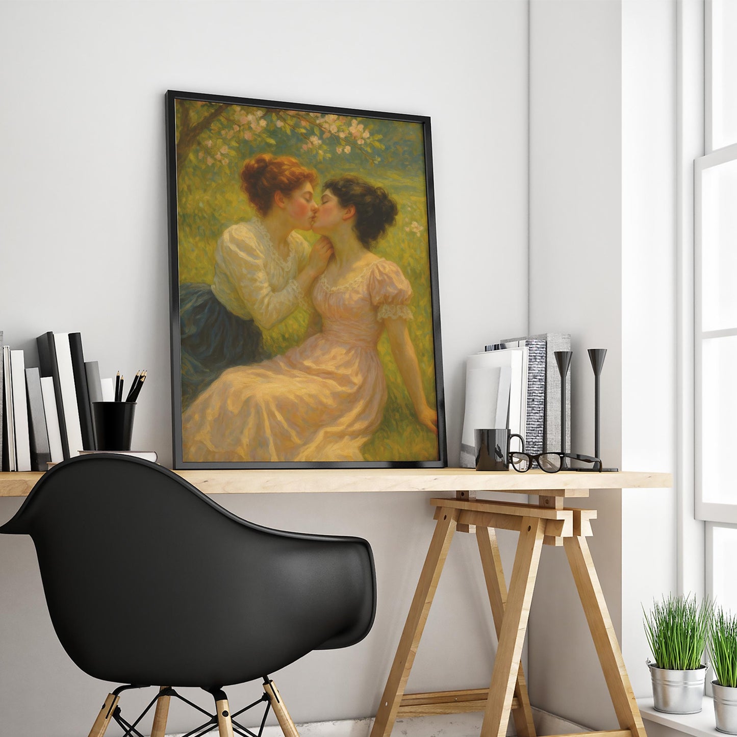 Victorian Lesbian Art – Romantic Sapphic Oil Style Artwork | Queer Love Painting Print