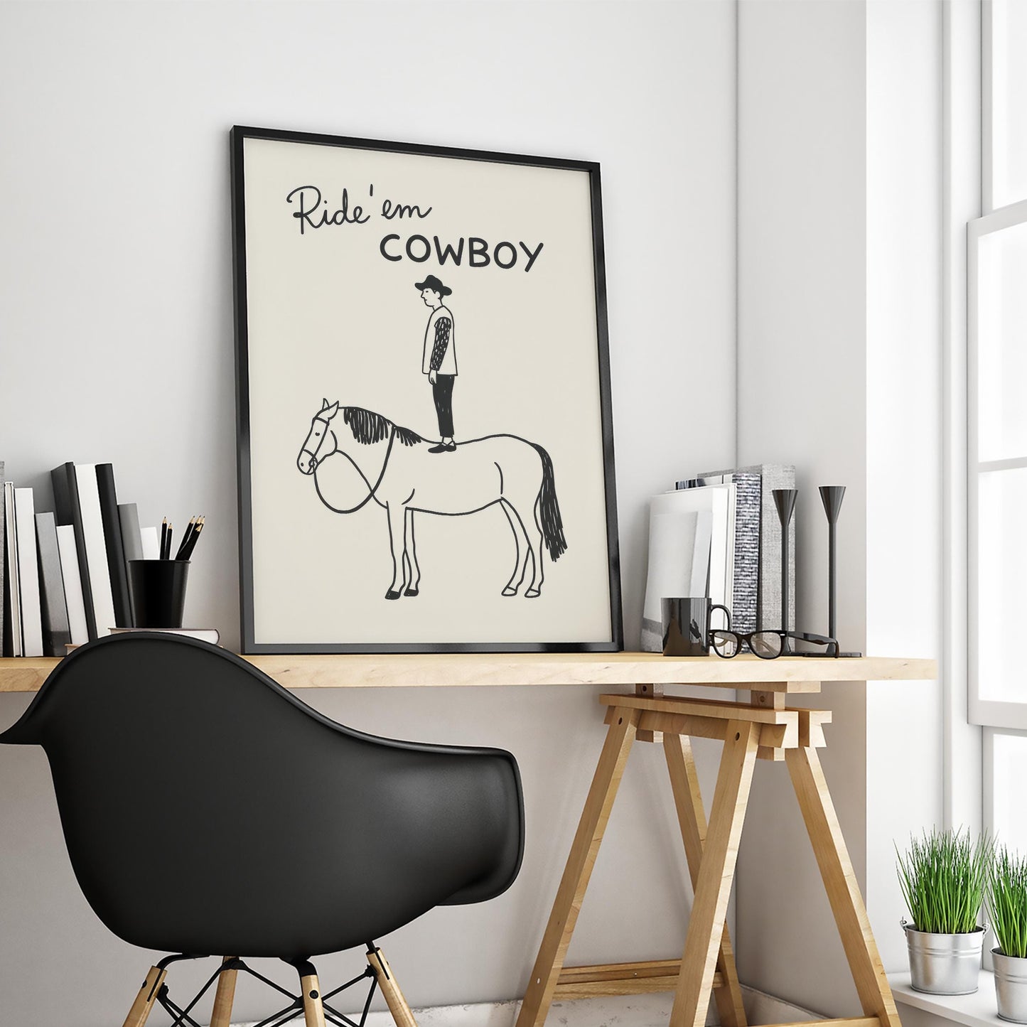 Ride ’em Cowboy Funny Poster – Minimal Western Line Art Print