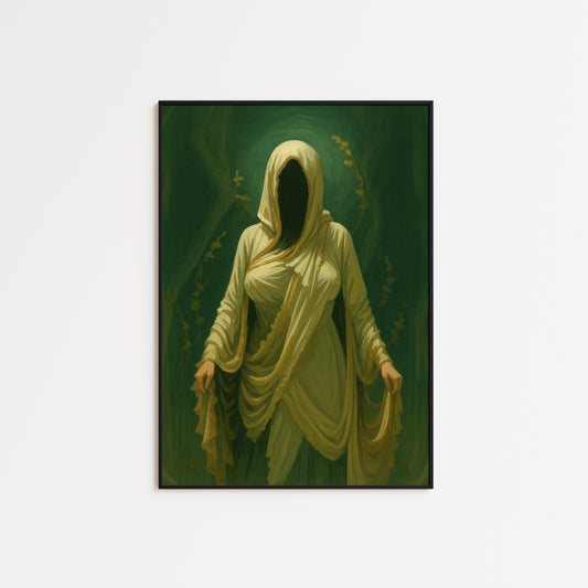 Faceless Hooded Figure Poster – Gothic Mystical Wall Art in Dark Green Tones