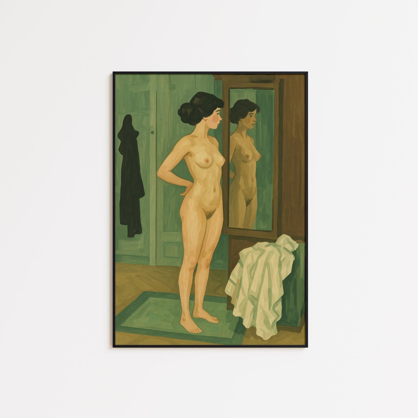 Feminine Nude Wall Art – Woman Mirror Poster With Calming Green Tones