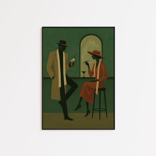 Vintage Bar Poster – Noir Art Print | Retro Couple, Moody Green Wall Decor