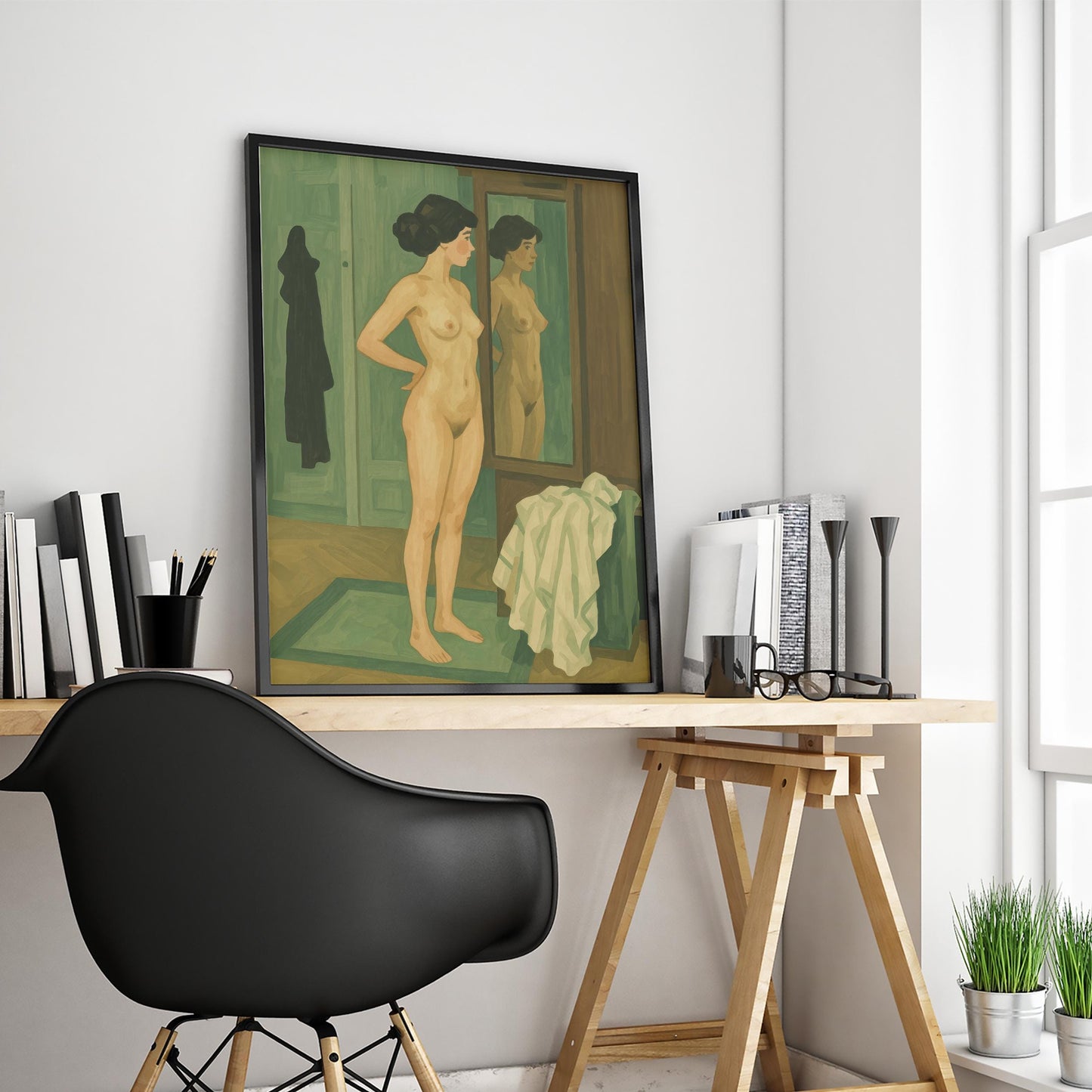 Feminine Nude Wall Art – Woman Mirror Poster With Calming Green Tones