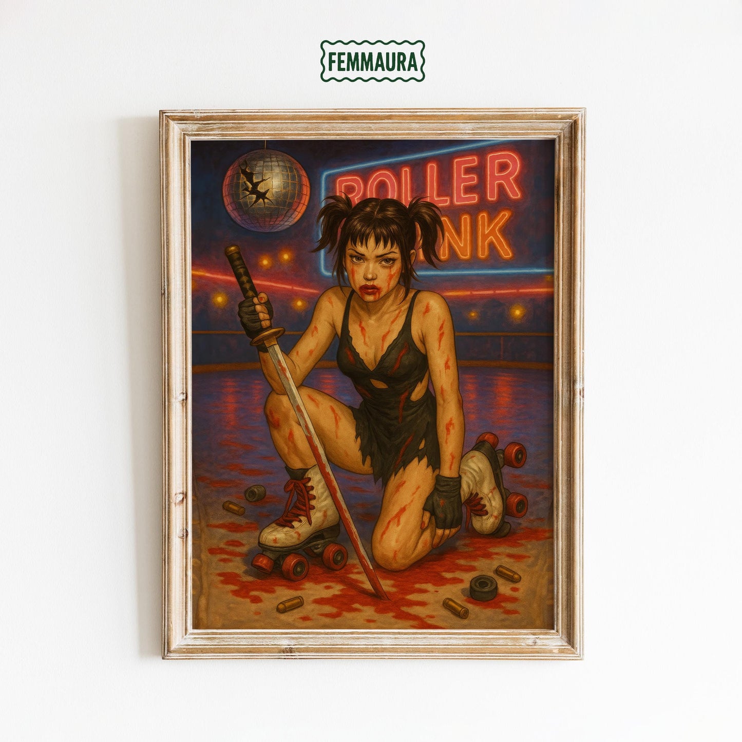 Femme Katana Art Print – Neon Punk Roller Rink Art | Silky Semi-Gloss Poster