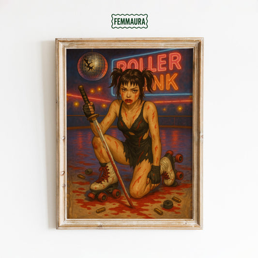 Femme Katana Art Print – Neon Punk Roller Rink Art | Silky Semi-Gloss Poster