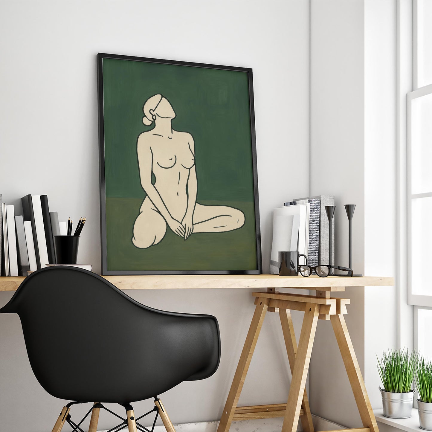 Minimalist Nude Line Art Feminine Silhouette Print – Green Wall Art Poster