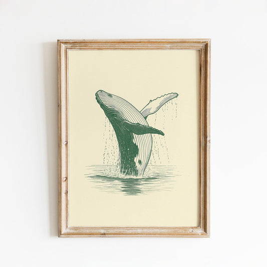Whale Line Art Poster – Minimal Nature Print, Vintage Ocean Illustration