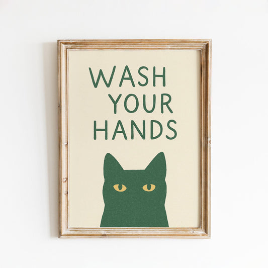Wash Your Hands Cat Poster – Funny Bathroom Wall Art in Minimal Green