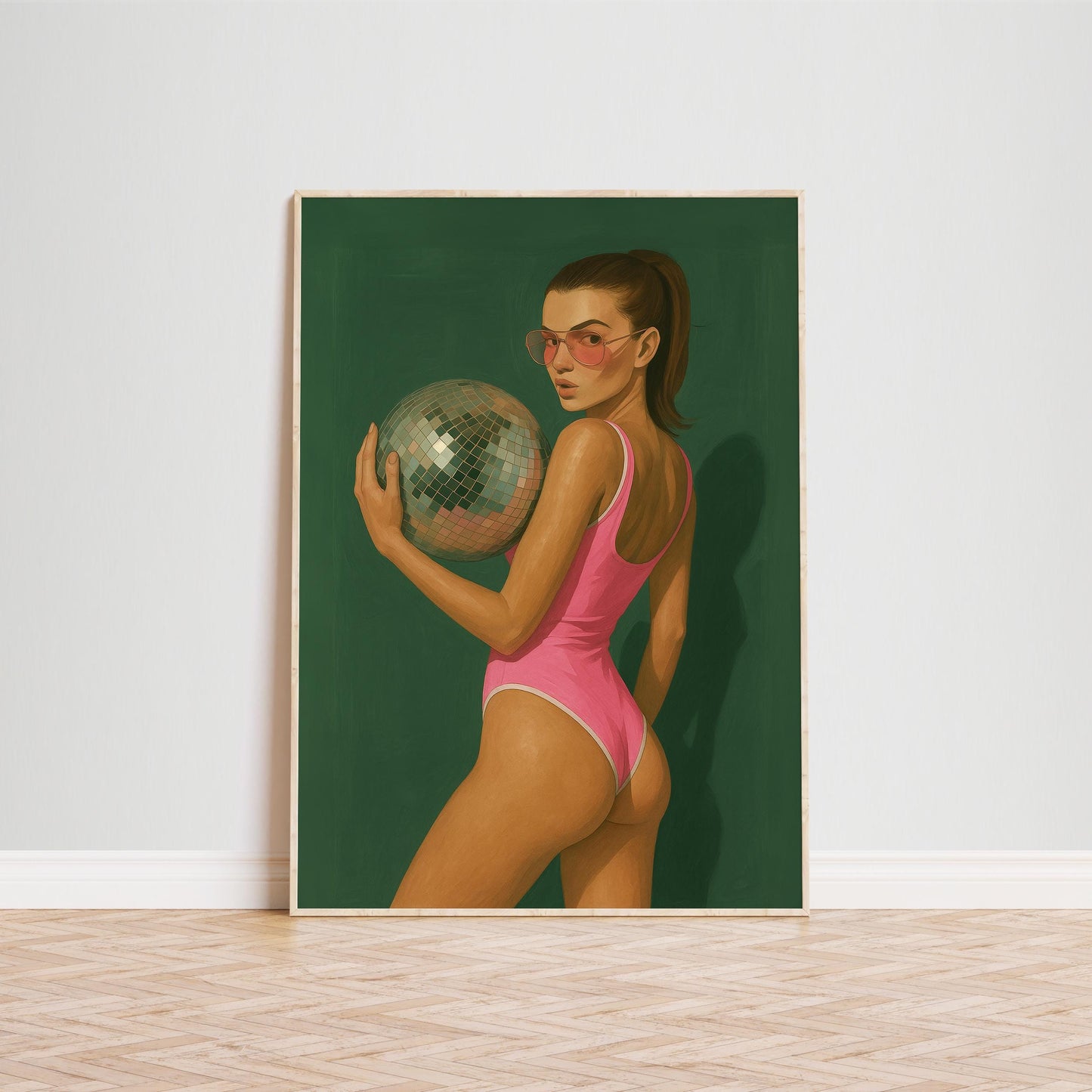 Retro Glam Poster – Bold Pink Swimsuit Art With Disco Ball Wall Decor