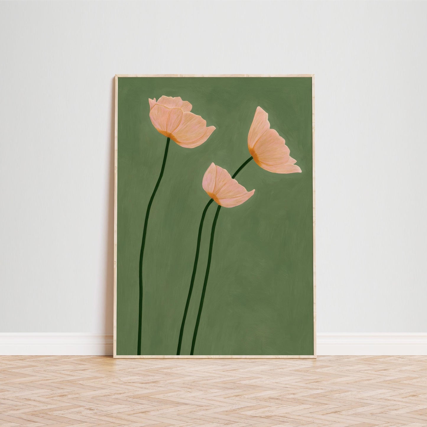 Blush Peony Poster – Minimalist Floral Art with Olive Green Wall Decor