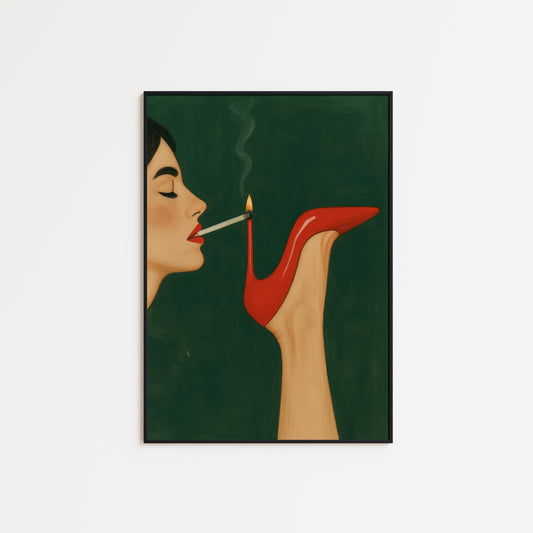 Smoking Heel Poster – Bold Retro Artwork With Red Stiletto Print