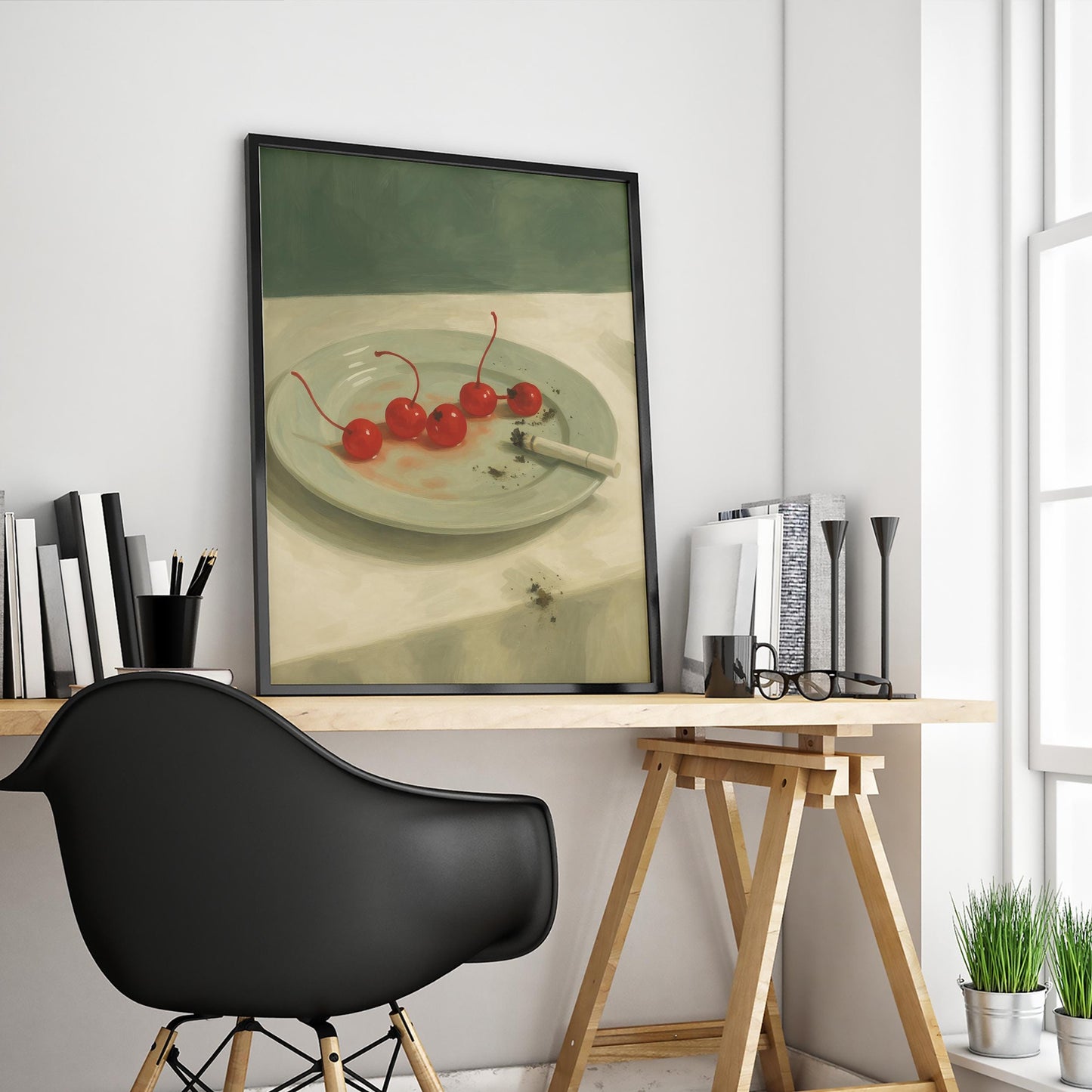 Dark Still Life Art – Retro Wall Artwork With Cherries and Cigarette Print