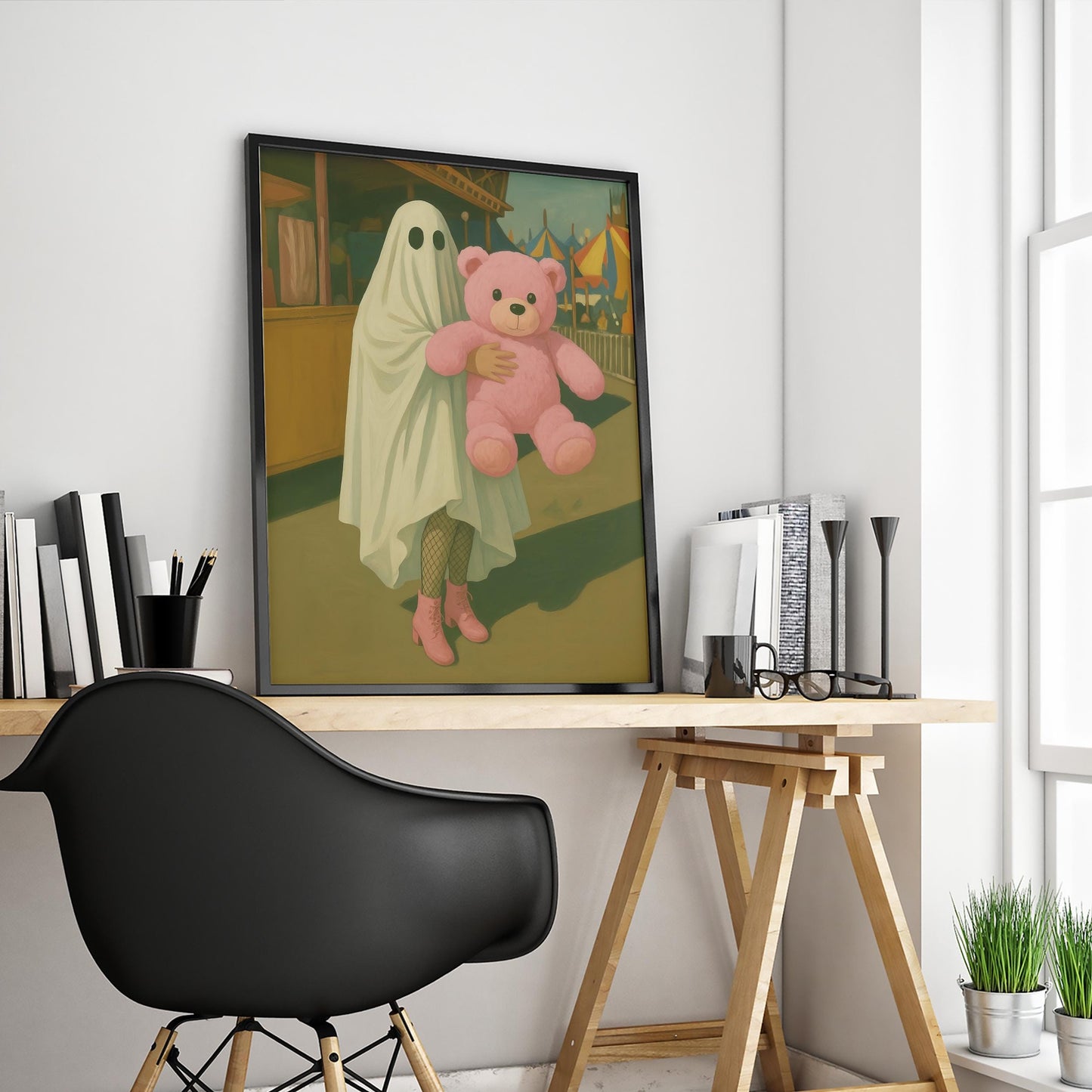 Whimsical Ghost Art - Playful Ghost Holding Pink Teddy Bear | Spooky Wall Decor