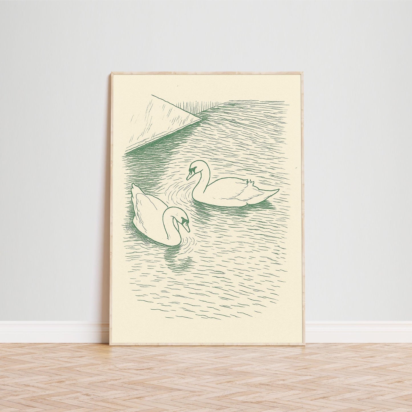 Swan Lake Poster – Minimal Green Line Art of Two Swans