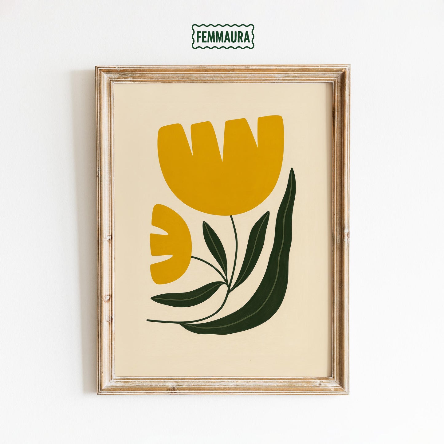 Retro Tulip Wall Art – Minimalist Floral Poster | Mustard Green Decor, Midcentury Flower Print